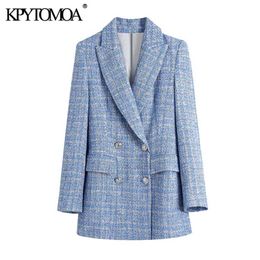 KPYTOMOA Women Fashion Double Breasted Tweed Cheque Blazers Coat Vintage Long Sleeve Pockets Female Outerwear Chic Veste 211006