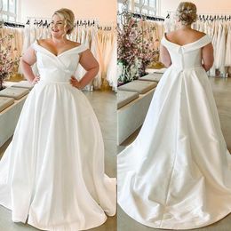 Custom Off Shoulder A Line Wedding Dresses 2021 with Sleeveless Sweep Train Satin Plus Size Bridal Gowns vestidos de novia