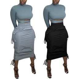 CM.YAYA Women String Draped Long To Low Free wear High Waist Skirt for streetwear active Skirts 210309