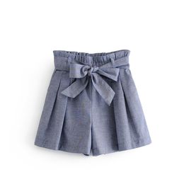 Newest women chic solid shorts bow tie sashes pockets elastic paperbag waist female elegant shorts pantalones cortos 210301