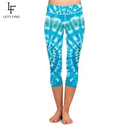 LETSFIND Women Stretch Pants Blue Tie-dye Print High Waist Mid-Calf Casual Fitness Leggings Plus Size 211204