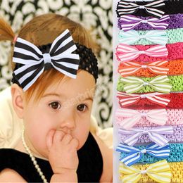 Fashion Striped Grosgrain Ribbon Bow Headband Handmade Knitted Elastic Hairband Baby Girl Hair Accessories Photo Props 12 Colours