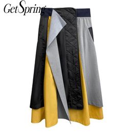 GetSpring Women Skirt Color Matching Long Skirt Elastic Waisted Loose Asymmetrical Skirts Patchwork Irregular Autumn Skirts 210310
