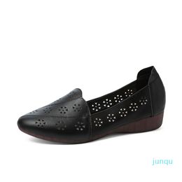 Wholesale-Dress Shoes Girls Flattie Non-Slip Cutout Porous Genuine Leather Loafers Breathable Hollow 2021 Summer Women Low Heel Drop