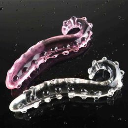 NXY Anal toys Pink White Hippocampus Tentacle Textured Sensual Glass Dildo Realistic Adults Butt Plug Sex Toys for Women 1125