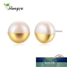 Stud Hongye 100% 925 Sterling Silver Pearl Earrings For Women Girl Fashion Punk Golden White Fine Jewelry Gifts Brincos1