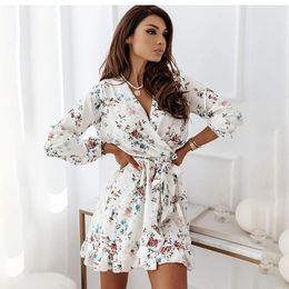v dress up Canada - Casual Dresses Sexy V-neck Autumn Dress Fashion Floral Print Long Sleeve Beach Lace Up Ruffles Mini For Women Robe Femme