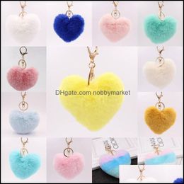 Key Rings Jewelry Super Noticeable Pom Keychains Fluffy Heart Shape Pompoms Keyring Faux Rabbit Puff Ball Chain For Valentine Day Gift Drop