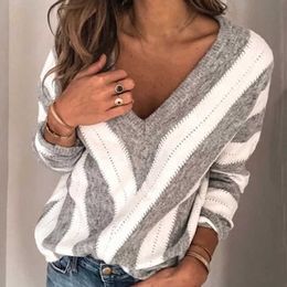 Womens Pullover Long Sleeve V Neck Striped Knitting Jumpers Tunic Blouse Tops Sweater Suter Trui X0721