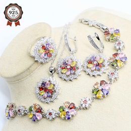 New Fashion Silver Colour Bridal Jewellery Set for Women Multi-Gem Bracelet Earring Necklace Pendant Ring Birthday Gift H1022