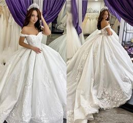 Sexy Off Shoulder Wedding Dress 2021 Dubai Arabic Lace Appliqued Court Train Vestido De Novia Plus Size Puffy Tulle Skirt Princess Ball Gown Bridal Dresses AL9395