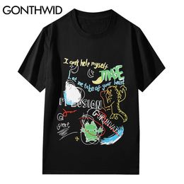 GONTHWID Tshirts Streetwear Hip Hop Graffiti Cartoon Tees Shirts Harajuku Casual Cotton Short Sleeve T-Shirt Fashion Summer Tops C0315