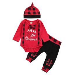 3pcs Baby Boys Suits Sets Outfits Clothes Sets Fashion Christmas Print Long Sleeve Romper and Trousers with Hat G1023