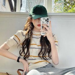 Japan Style Tops Sweet Retro O Neck Short Sleeve Striped Knitted Tshirts Women Summer Camisas De Mujer Casual Fashion Tees Chic 210610