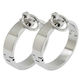 Polished Stainless Steel Lockable Slave Wrist and Ankle Cuffs Bondage Restraints Bracelet with Removable o Ring Q0717