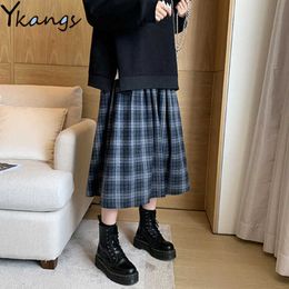 Harajuku Plus Size High Waist Vintage Plaid Pleated Skirts Autumn Winter Wool Women Skirt Long Elegant Cute Kawaii Girls Saias 210619