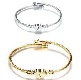 A~Z Initial Letter Titanium Steel Open Cuff Bangle For Women 26 Alphabet Heart Charm Bracelet Gold Silver Fashion Jewelry