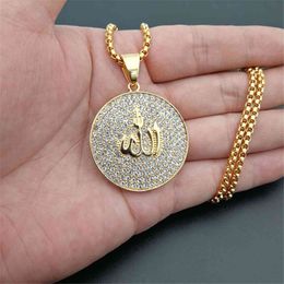 Hip Hop Iced Out Round Allah Pendant Necklace Stainless Steel Islam Muslim Arabic Gold Colour Prayer Jewellery Drop
