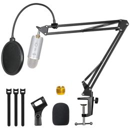 Microphone Stand With Microphone Windscreen and Dual Layered Pop Philtre Suspension Boom Scissor Arm For Blue Yeti Snowball