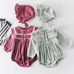 Twins Baby Clothes Baby Girl jumpsuit Newborn Cotton bodysuit Spring Autumn Princess Lace Long sleeve Romper +Hat 2Pcs Suit 210315