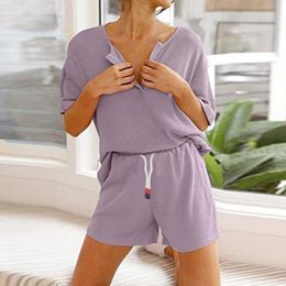 Primavera feminina e mobiliário de casa de verão Terno de cor sólida pijama de duas peças de manga curta T-shirt superior shorts estilo esportivo x0526