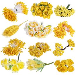 Yellow Artificial Flowers Fruit Cherry Stamen Berries Bundle DIY Cake Christmas Wedding Party Gift Box Wreaths Home Decor 20220122 Q2