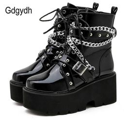 Gdgydh Autumn Winter Boots Women Sexy Chain Boots Ankle Buckle Strap Ankle Boots Square Heel Thick Sole Platform Rock Punk Style Y0914