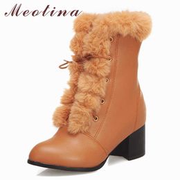 Meotina Winter Ankle Boots Women Boots Fur Square High Heels Short Boots Lace Up Pointed Toe Shoes Ladies Fall Large Size 33-46 210608