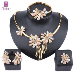 Women Dubai Gold Colour Crystal Flower Necklace Earring Ring Bangle Statement Accessories Party Jewellery Set H1022