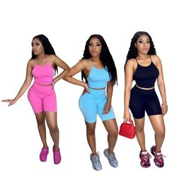 Sports Women's Clothing Spring Fashion Sexy Urban Leisure Fitness Home Solid Color Suspenders Crop Top Shorts Two Piece Suit 210714