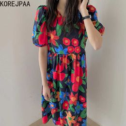 Korejpaa Women Dress Korea Chic Sweet Romantic Season Round Collar Big Flower Loose Ruffled Bubble Sleeve Long Vestido 210526