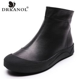 DRKANOL Autumn Winter Genuine Leather Flat Ankle Boots For Women Warm Side Zipper Soft Comfortable Cow Botas H8066 211104