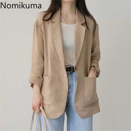Nomikuma Cotton Linen Blazer Women 2021 New Arrival Ropa Mujer Solid Colour Single Button Long Sleeve Jackets Casual All-match X0721