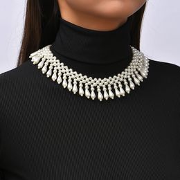 Ladies Fashion Handmade Beaded Weave Geometric White Imitation Pearl Chokers Necklaces For Women Party Wedding Jewelry Gifts