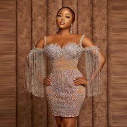 Customised Fringed Sleeve Flash Short Straight Dress Prom Banquet Party Evening Aso ebi