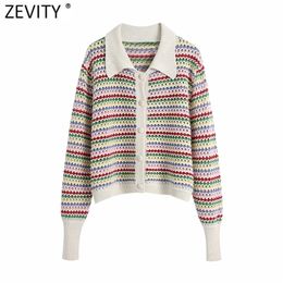 Zevity Women Rainbow Striped Print Hollow Out Crochet Knitted Sweater Coat Female Chic Breasted Jacquard Cardigan Tops SW803 211011