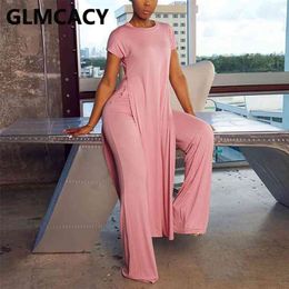 Women Chic Two Piece Suits Solid Casual Short Sleeve Shirt and Wide Leg Pants Set 210709