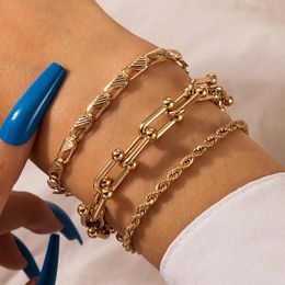 3pcs/sets Heavy Metal Gold Bracelets for Women Gold Colour Alloy Metal Hollow Geometric Adjustable Jewellery Gift