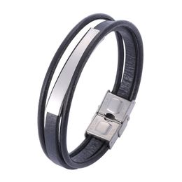 Charm Bracelets Black Multilayer Leather Rope For Men Women Casual Jewellery Stainless Steel Trendy Male Female Bangles Gifts PS1149