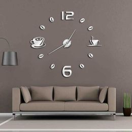 Cafe DIY Large Wall Clock Frameless Giant Modern Design Coffee Mug Bean Decor Kitchen Watch 210724