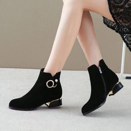 2021 Winter Shoes Women Ankle Boots Faux Black Low Heels Suede Booties Pearl Dress Shoes Square Heel Botas Mujer Plus Size 8507N