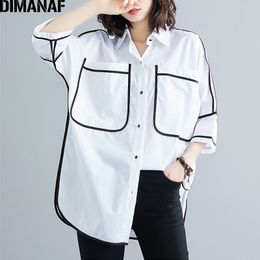 DIMANAF Plus Size Women Blouse Shirts Summer Office Lady Tops Tunic Big Size Cotton Loose Casual Spliced Female Clothes NEW 210225