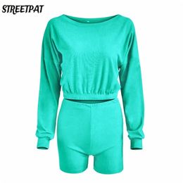 Ribbed Sport 2 Piece Sets Womens Outfits Long Sleeve Crop Top + Elastic Biker Shorts Sets Casual Tracksuit Fitness SweatSuit 210819
