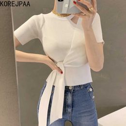 Korejpaa Women Sweater Summer Korean Gentle Round Neck Hollow Slim Fit Waist Belt Irregular Thin Ice Silk Knitted Pullovers 210526