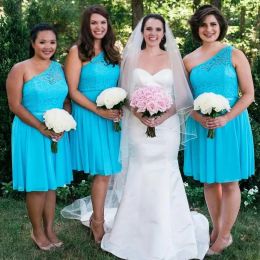 Plus Size Blue Bridesmaid Dresses One Shoulder A Line Sleeveless Knee Length Chiffon Lace Pleats Custom Made Maid Of Honour Gown Country Wedding Vestidos 403 403