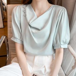 Summer Satin Womens Tops and Blouses Korean Fashion Short Sleeve White Office Lady Blusa Plus Size XXL Women Shirts 210531