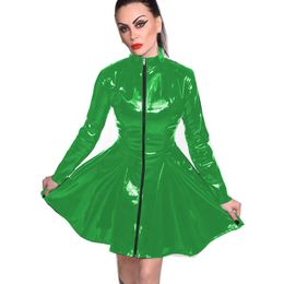 22 Colours High Quality Long Sleeve PVC Pleated Mini Dress Simple Zipper Vestido Sexy Wetlook Clubwear Ladies Party Costume