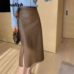 Seoulish Autumn Winter PU Leather Women's Long Skirt High Wasit Skirt Female Straight Side Split A-line Pencil Skirts 211119