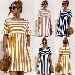 Leosoxs 2021 Summer New Fashion O Neck Women's Dress Casual Loose Solid Short Sleeve Ruffle Patchwork Pocket Ladies Stripe Dress 210316