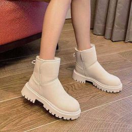 Woman Slip-on Platform Ankle Boots Zapat New Pu Leather Waterproof Snow Boots For Women 2021 New Keep Warm Plush Winter Shoes Y1018
